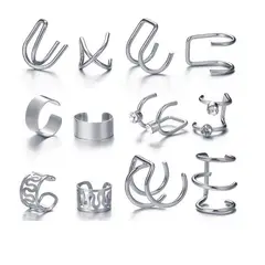 GENERAL - Aretes Ear Cuff Set 12 Piezas Ajustables Sin Perforacion Plateado