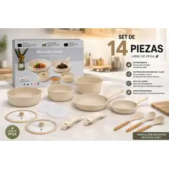 HOME - Set de Ollas en Caramica Antiadherente 14 Piezas Mangos Removibles Libre PFOA Apta para Inducción