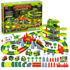GENERICO - Pista de Dinosaurio 217 Piezas Flexible — Circuito Armable con Carritos y Figuras de Dinosaurios