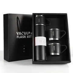 GENERICO - Set de Termo de Acero Inoxidable con 3 Tazas y Caja de Regalo