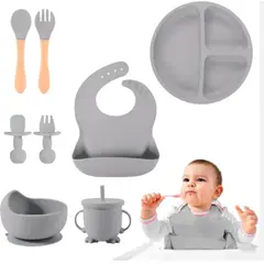 GENERICO - Kit Alimentación Bebe Niño Vajilla En Silicona 8 Piezas color gris