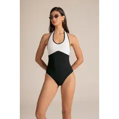TOUCHE BALNEAIRE - Vestido de baño Entero clásico en bloques de color blanco y negro con sesgos en contraste Ref. 0E71071