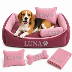 GENERICO - Cama Para Perros + Cobija + Almohada + Hueso Juguete con nombre bordado 90x 62 cm Color Rosa