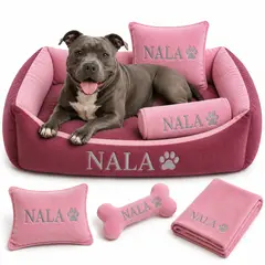 GENERICO - Cama Para Perros + Cobija + Almohada + Hueso Juguete con nombre bordado 98x 68 cm Color Rosa