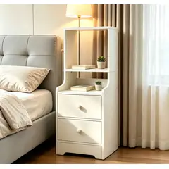 GENERICO - Mesa de Noche Alta Blanca con 2 Cajones y Estantes, Mueble de Almacenamiento para Dormitorio