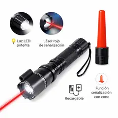 GENERICO - Linterna Táctica Multifunción Recargable USB Luz LED Potente Cono Rojo Señalización Láser