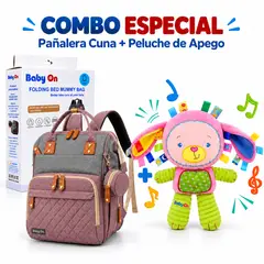 BABY ON - Morral Pañalera Cuna 3 en 1 + COMBO PELUCHE Cambiador Y USB Color ROSA - CONEJO