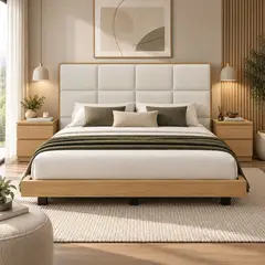 EKONOMODO COLOMBIA - Cama Queen En Roble Taldy Con Mesas de Noche 160x190 Marfil