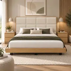 EKONOMODO COLOMBIA - Cama Queen En Roble Taldy Con Mesas de Noche 160x190 Camel