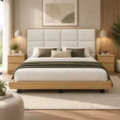 EKONOMODO COLOMBIA - Cama King En Roble Taldy Con Mesas de Noche 200x200 Marfil