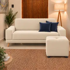 AMAIKA - Sofá Cama Primavera Tela Acogedora Beige con PUFF + 2 Cojines