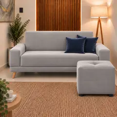 AMAIKA - Sofá Cama Primavera Tela Acogedora Gris Plata con PUFF + 2 Cojines