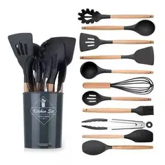GENERICO - Set De Utensilios Para Cocina X12 Silicona Antiadherente Resistente Al Calor Con Mango De Madera