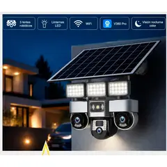 GENERICO - Cámara Solar WiFi 3 lentes Robóticos Controlables Seguimiento Móvil Automático Con Reflectores + Panel Solar