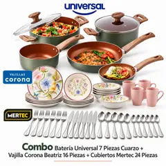 UNIVERSAL - Combo Batería 7 Piezas Cuarzo + Vajilla Corona Beatriz 16 Piezas + Cubiertos Mertec 24 Pz