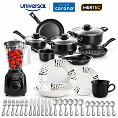 UNIVERSAL - Combo Batería 11 Pz+Vajilla Corona Malaya 16 Pz+Cubiertos Mertec 24 Pz+Licuadora Mertec 2L
