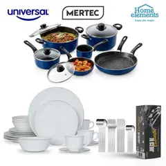 UNIVERSAL - Combo Batería 11 P Azul+Vajilla Home Elements Borde Dorado 16 P+Juego de Cubiertos Mertec