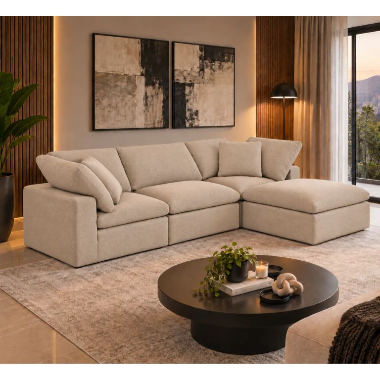 Elegantes Muebles Modernos en L Origami Sala con Sofá esquinero y puff.
