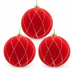 GIO HOME - PACK X3 BOLA ROJA VELVET ROMBOS GRANDES ESCARCHADOS 15cm