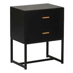 RELAN - Mesa De Noche Moderna Con 2 Cajones En Mdf Y Base De Acero Muebles Hogar Color Negro Acabado Mate