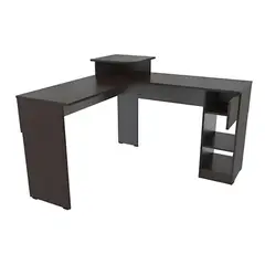 MADERKIT - Escritorio En L Con 1 Cajón Y 2 Estantes En Mdf Hogar Color Negro Wengue 122 X 121 X 86 X 123 Cm