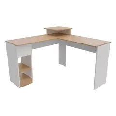 MADERKIT - Escritorio En L Con 1 Cajón Y 2 Estantes En Mdf Color Blanco Y Cafe Claro 122 X 121 X 86 X 123 Cm