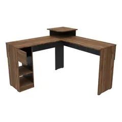 MADERKIT - Escritorio En L Con 1 Cajón Y 2 Estantes En Mdf Muebles Hogar Color Bordó 122 X 121 X 87 X 123 Cm