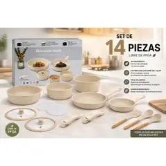 HOME - Set de Ollas en Caramica Antiadherente 14 Piezas Mangos Removibles Libre PFOA Apta para Inducción