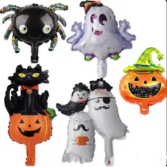 GENERAL - Globo Metalizado Halloween Figuras Fantasma Calabaza Gato Araña x 5 pcs
