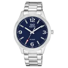 Q&Q - Reloj Plateado Fondo Azul S00A002VY Original Para Hombre Acero + Caja