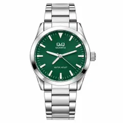Q&Q - Reloj Plateado Fondo Verde Original Para Hombre Acero + Caja