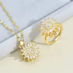 STAINLESS STEEL - JUEGO DE COLLAR Y ANILLO DE GIRASOL GIRATORIO DORADO EN ACERO CON CIRCON BLANCO