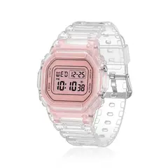 DIGITAL - RELOJ TRANSPARENTE CURUBA CUADRADO DEPORTIVO PARA MUJER + CAJA