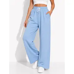 URBAN PLUS - Pantalon jogger mujer bota ancha en algodon celeste