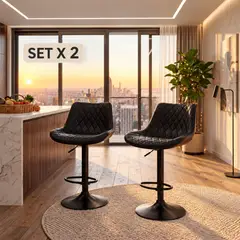 GENERICO - Set x 2 Sillas de Bar Diamante Negra base Negra Cuero Pu