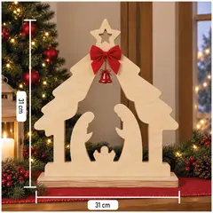TIZZY DISEÑO - Pesebre Navideño en Madera con Moño Rojo y Campana