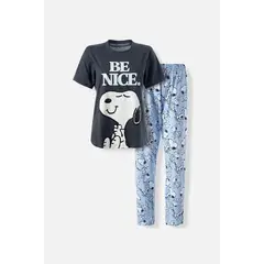 SNOOPY - PIJAMA DE GRIS Y AZUL CLARO DE PANTALÓN LARGO PARA MUJER