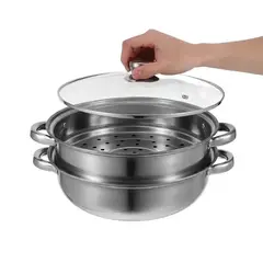 GENERICO - Olla Vaporera Acero Inoxidable 28cm 2 Niveles Tapa Vidrio