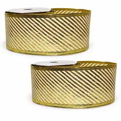 GIO HOME - PACK X2 CINTA ALAMBRADA 2.5 X 10YDS DORADA CON LINEAS DIAGONALES ME
