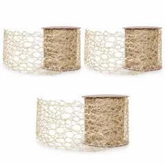 GIO HOME - PACK X3 CINTA ALAMBRADA 2.5 X 10YDS TEJIDO ESCARCHADO CHAMPAGNE