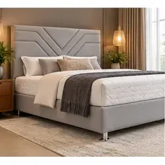 DORMIPUFF - Base Cama con Cabecero Gris Tapizado Moderno y Patas Metálicas