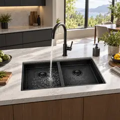 PAMO - Lavaplatos Doble Negro En Acero Inoxidable 304 77 X 45 X 21 Cm