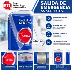 GENERICO - Botón Salida Emergencia STI SS24A9EX-ES Azul Sirena LED Contactos NC C NO Tapa Protectora