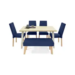 MICA - Juego de Comedor Moderno para 6 Personas Azul (Comedor + 4 Sillas + Banca)