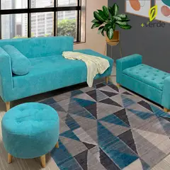 DKO DESIGN - Juego de Sala Moderno en Tela (Sofá + Puff + Banqueta Baúl) Azul - Mueble