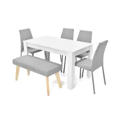 MICA - Juego de Comedor Moderno para 6 Personas en Aglomerado MDP Gris Blanco (Comedor + 4 Sillas + 1 Banca)