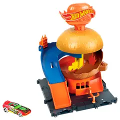 HOT WHEELS - Pista de carro Hot Wheels: Downtown Burger Drive-Thru. Incluye 1 carro
