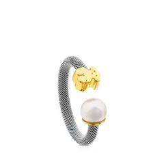 TOUS - Anillo De Acero Y Oro Con Perla Cultivada Motivo Oso Icon Mesh