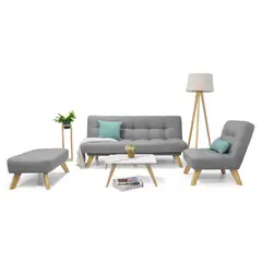 MICA - Juego de Sala Moderno en Tela (Sofá Cama + Poltrona + Puff + Mesa de Centro) Prato