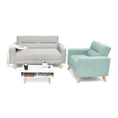 MICA - Juego de Sala Moderno en Tela (Sofá + Poltrona + Mesa de Centro) Aqua-Plata Seúl